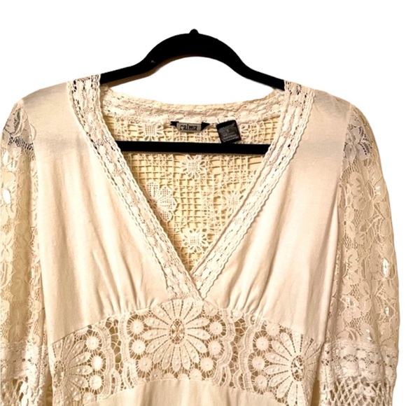 Floral Crocheted Creamy White Mini Dress Bell Sleeves. Coastal Gramma - Picture 3 of 11